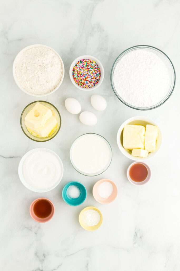 ingredients to make rainbow striped funfetti cake